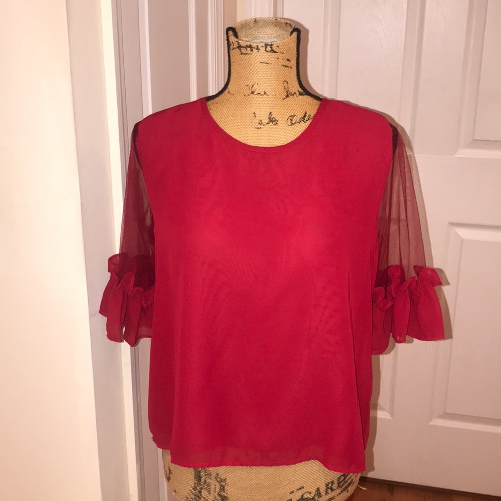 Women’s Red Chiffon Ruffle Sleeve Top